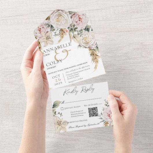 Boho Pampas & Roze Rozen Wit QR Code All In One Uitnodiging (Afscheurbaar)
