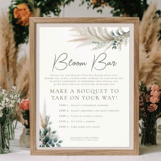 Boho Pampas Sage Green Baby Shower Bloom Bar Sign Poster
