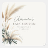 Boho Pampas Sage Green Baby shower gepersonaliseer Vierkante Sticker (Voorkant)