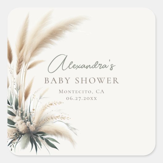 Boho Pampas Sage Green Baby shower gepersonaliseer Vierkante Sticker (Voorkant)