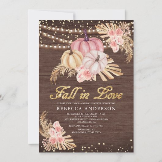 Boho Pampas Stof Roze Pompoen Houten Bruiloft Fees Kaart (Voorkant)