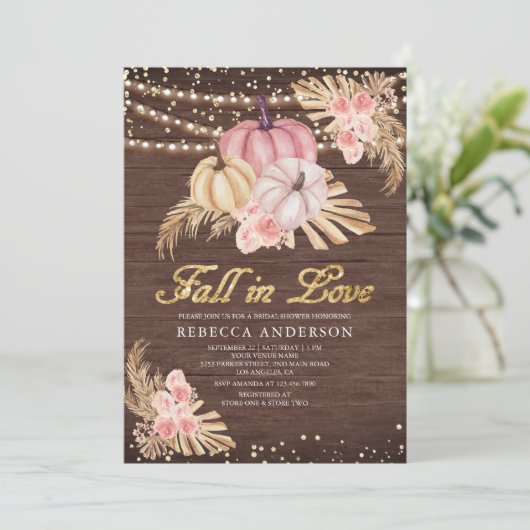 Boho Pampas Stof Roze Pompoen Houten Bruiloft Fees Kaart (Staand voorkant)