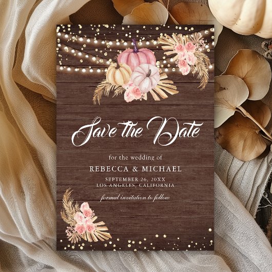 Boho Pampas Stof Roze Rozen Houten Pompoen Trouwen Save The Date