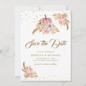 Boho Pampas Stof Roze Rozen Pompoen Trouwdag Save The Date (Voorkant)
