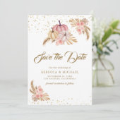 Boho Pampas Stof Roze Rozen Pompoen Trouwdag Save The Date (Staand voorkant)