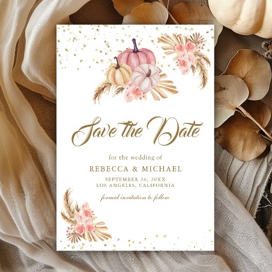 Boho Pampas Stof Roze Rozen Pompoen Trouwdag Save The Date