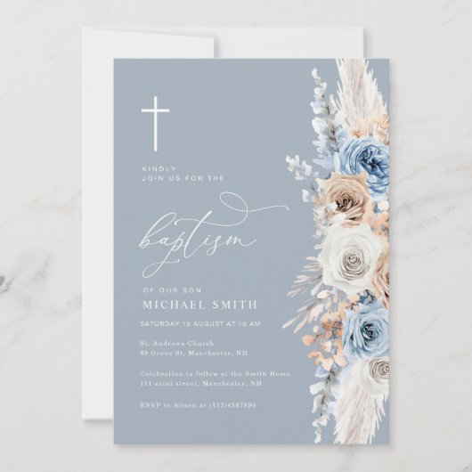 Boho Pampas Stoffig Blauw Bloemen Doop Uitnodiging (Voorkant)