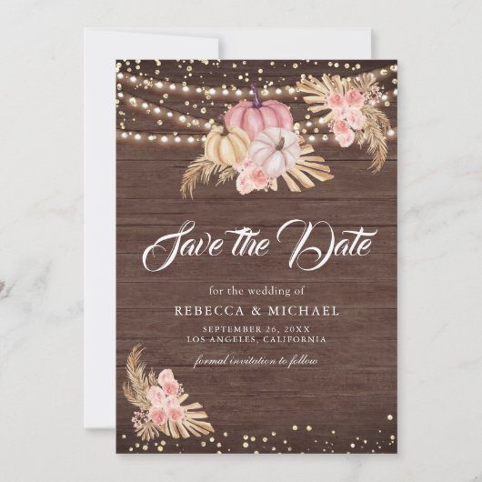 Boho Pampas Stoffig Rozen Hout Pompoen Huwelijk Save The Date (Voorkant)