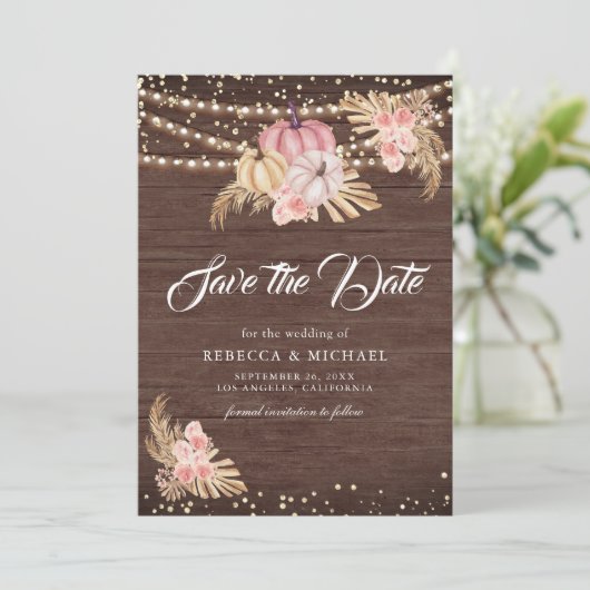 Boho Pampas Stoffig Rozen Hout Pompoen Huwelijk Save The Date (Staand voorkant)
