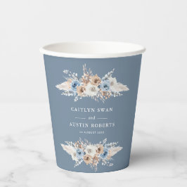 Boho pampas stoffige blauwe bloemenbruiloft papieren bekers
