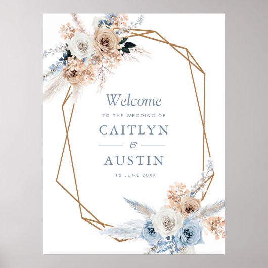 Boho pampas stoffige blauwe bloemenbruiloft teken poster (Voorkant)