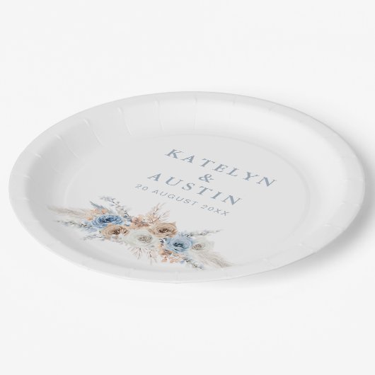 Boho pampas stoffige blauwe bruiloft papieren bordje (Gekanteld)