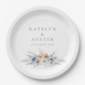 Boho pampas stoffige blauwe bruiloft papieren bordje (Voorkant)