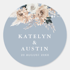 Boho pampas stoffige blauwe bruiloft ronde sticker