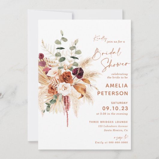 Boho Pampas Terracotta Bridal Shower Invitation Kaart (Voorkant)