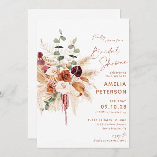 Boho Pampas Terracotta Bridal Shower Invitation Kaart (Voorkant / Achterkant)