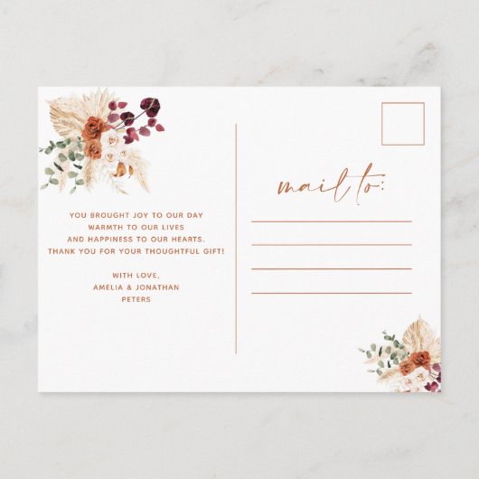 Boho Pampas Terracotta Dank u Briefkaart (Achterkant)