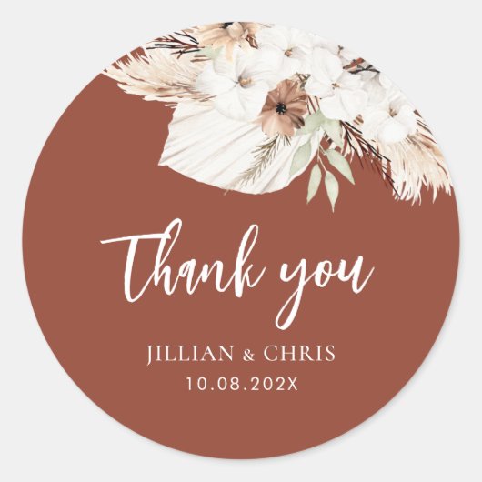 boho pampas terracotta floral bruiloft klassieke r ronde sticker (Voorkant)