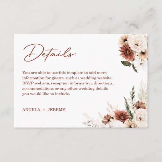 Boho Pampas Terracotta Floral Wedding Details Informatiekaartje (Voorkant)