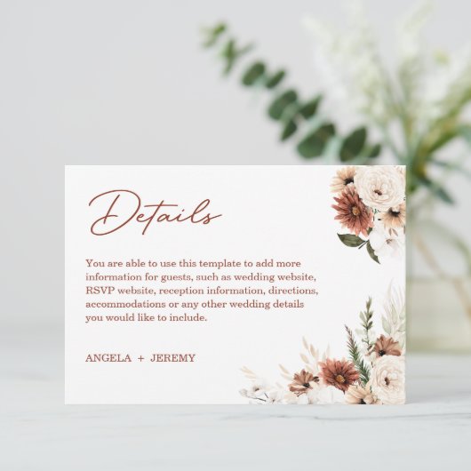 Boho Pampas Terracotta Floral Wedding Details Informatiekaartje (Staand voorkant)