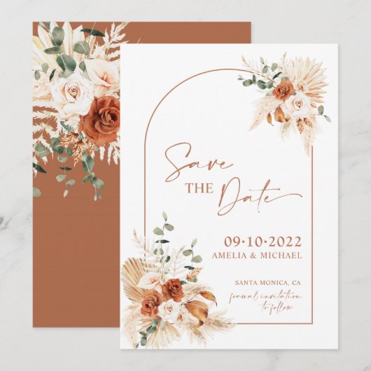 Boho Pampas Terracotta Rust Save the Date LEYLA Kaart (Voorkant / Achterkant)