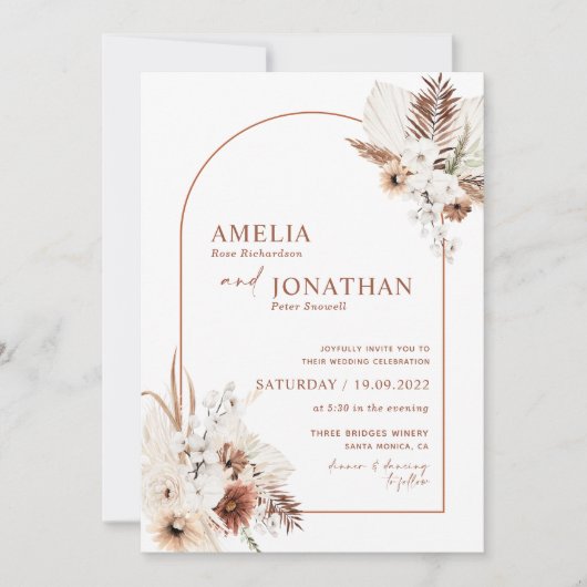 Boho Pampas Terracotta Rust Wedding Uitnodiging (Voorkant)