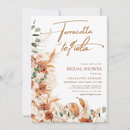 Boho Pampas Terracotta & Tequila Bruidsfeest Kaart (Voorkant)