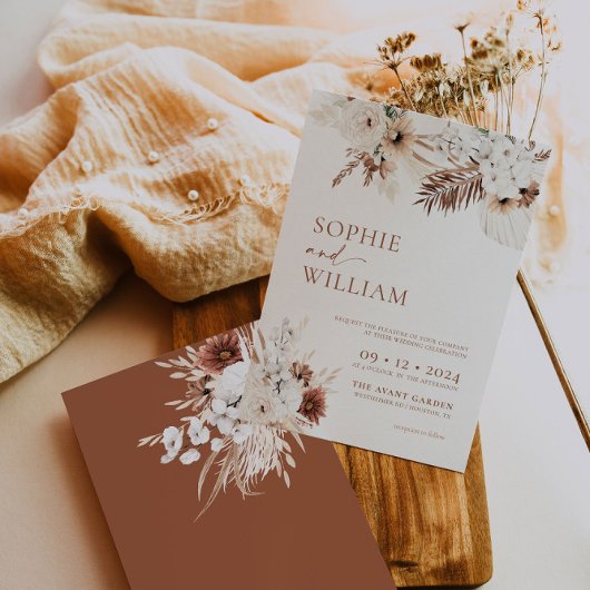 Boho Pampas Terracotta Trouw Uitnodiging