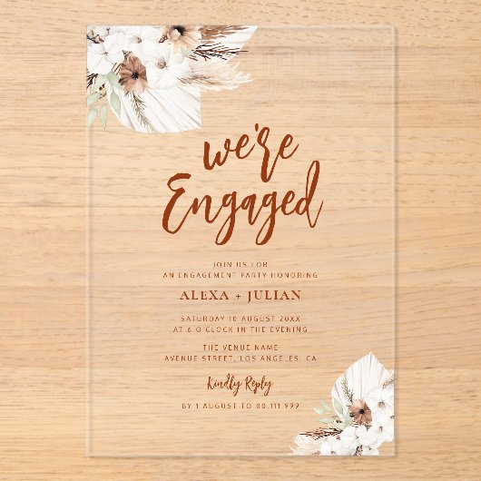 boho pampas terracotta-verloving acryl uitnodigingen (Voorkant)