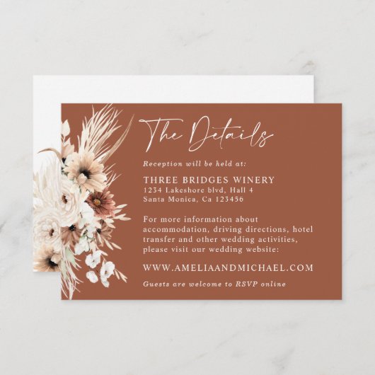 Boho Pampas Terracotta Wedding Details Kaart (Voorkant / Achterkant)