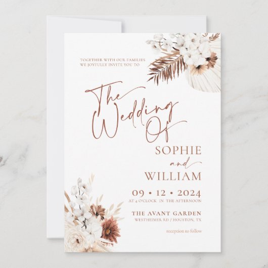 Boho Pampas Terracotta Wedding Invitation Kaart (Voorkant)
