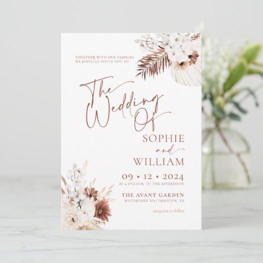Boho Pampas Terracotta Wedding Invitation Kaart (Staand voorkant)