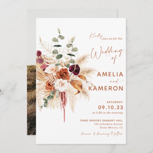 Boho Pampas Terracotta Wedding Invitation MEDINA Kaart (Voorkant / Achterkant)