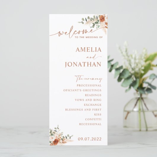 Boho Pampas Terracotta Wedding Program Kaart LEYLA (Staand voorkant)