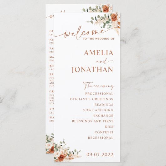 Boho Pampas Terracotta Wedding Program Kaart LEYLA (Voorkant / Achterkant)