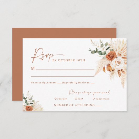 Boho Pampas Terracotta Wedding RSVP Kaart LEYLA (Voorkant / Achterkant)
