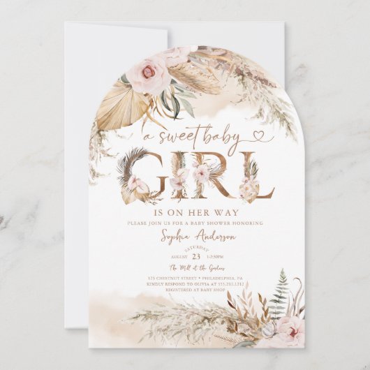 Boho Pampas Tropisch Meisje Baby shower Uitnodigen Kaart (Voorkant)