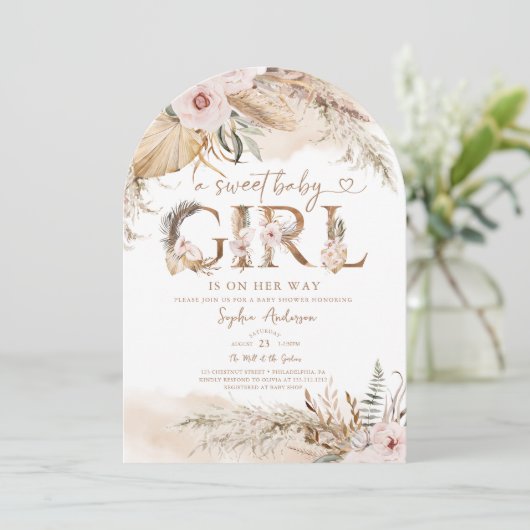 Boho Pampas Tropisch Meisje Baby shower Uitnodigen Kaart (Staand voorkant)