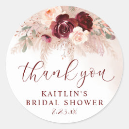 Boho Pampas Trouw Bruidsdouche Burgundy Rozen Ronde Sticker