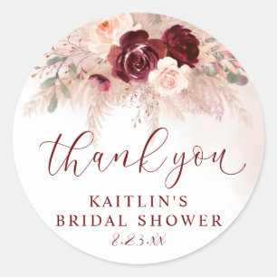 Boho Pampas Trouw Bruidsdouche Burgundy Rozen Ronde Sticker