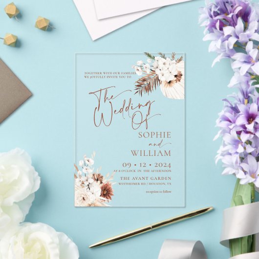 Boho Pampas Wedding Acryl Uitnodigingen (Insitu (Huwelijk))