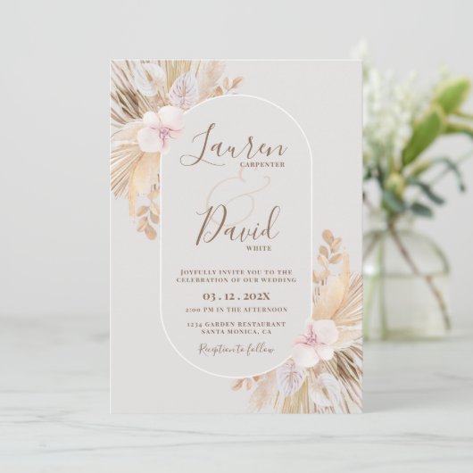Boho Pampas Wedding Invitation Kaart (Staand voorkant)