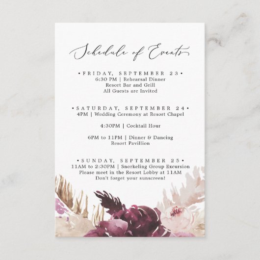 Boho Pampas Wedding Weekend Planning van Gebeurten Informatiekaartje (Voorkant)