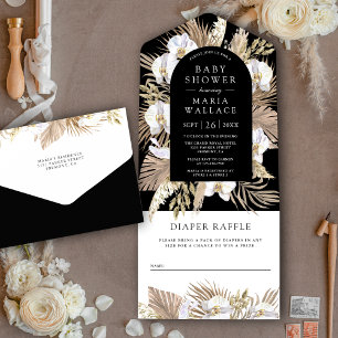 Boho Pampas White Orchid Black Baby shower All In One Uitnodiging