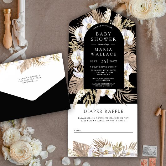 Boho Pampas White Orchid Black Baby shower All In One Uitnodiging