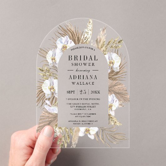 Boho Pampas White Orchid Dried Palm Bridal Shower Acryl Uitnodigingen (Insitu (Draagbaar))