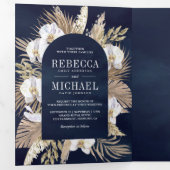 Boho Pampas White Orchid Dried Palm Navy Wedding Drieluik Uitnodiging (Binnenzijde eerst)