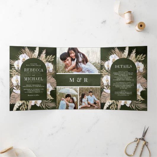Boho Pampas White Orchid Dried Palm Sage Wedding Drieluik Uitnodiging (Binnen)