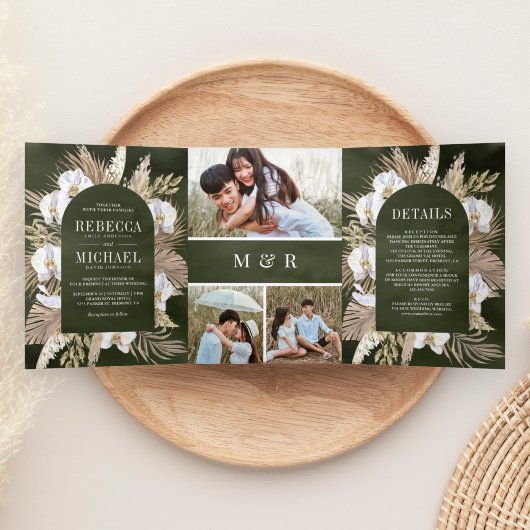 Boho Pampas White Orchid Dried Palm Sage Wedding Drieluik Uitnodiging