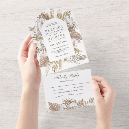 Boho Pampas White Orchid Dried Palm Wedding All In One Uitnodiging (Afscheurbaar)